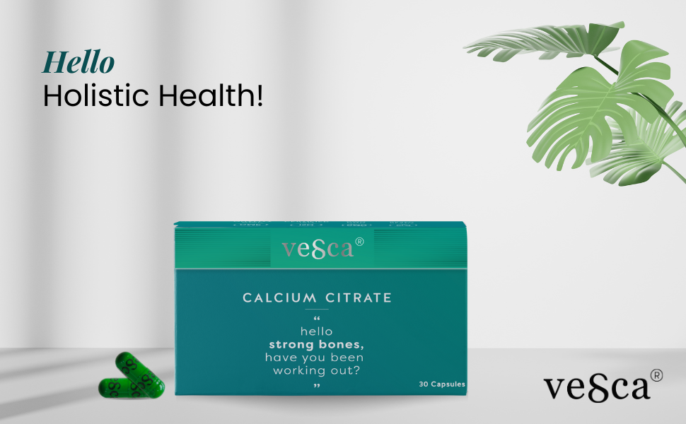 Vesca Calcium Citrate 1200mg with Magnesium, Zinc, Vitamin D & B12 and Vitamin K2 as MK-7, Calcium Supplement for Men & Women for Bone & Joint Health | 250mg_30 Veg Capsules