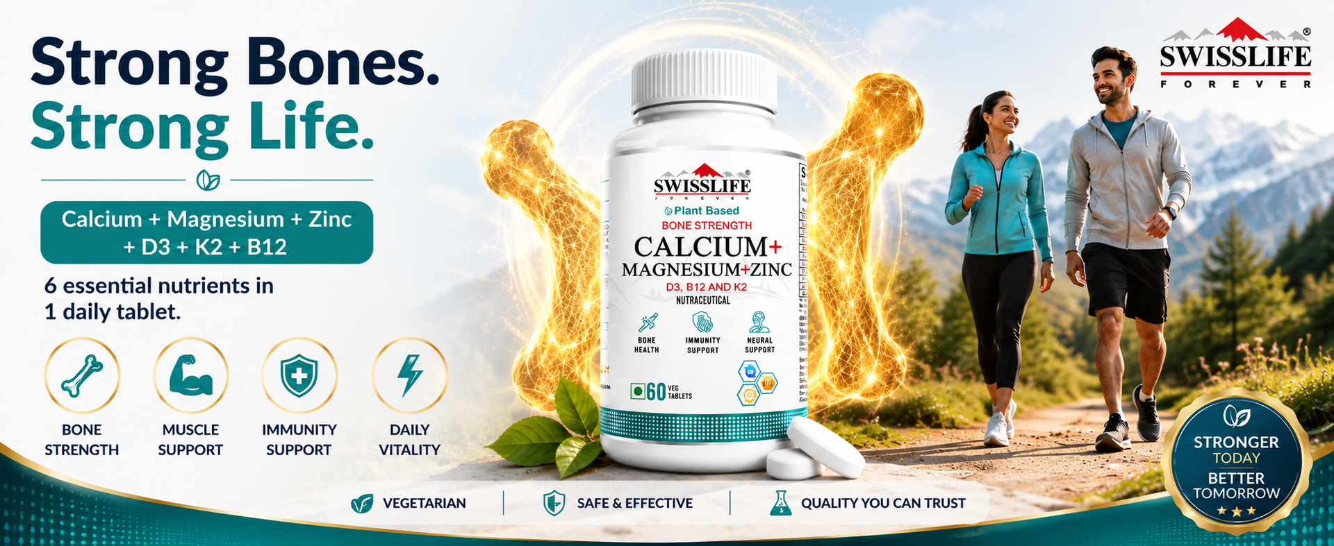 Swisslife Forever Calcium + Magnesium + Zinc + Vit. D3 + Vit. B12 + Vit. K2 Tablets For Men And Women (60 Tablets, Pack of 2)