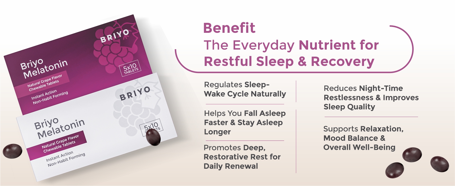 Briyo Melatonin 3 mg Natural grape flavoured Chewable Tablets - Fast-Acting Quick Dissolve Night time Relaxation & Restful Sleep Support - Sleep Aid - 50 Chewables pack