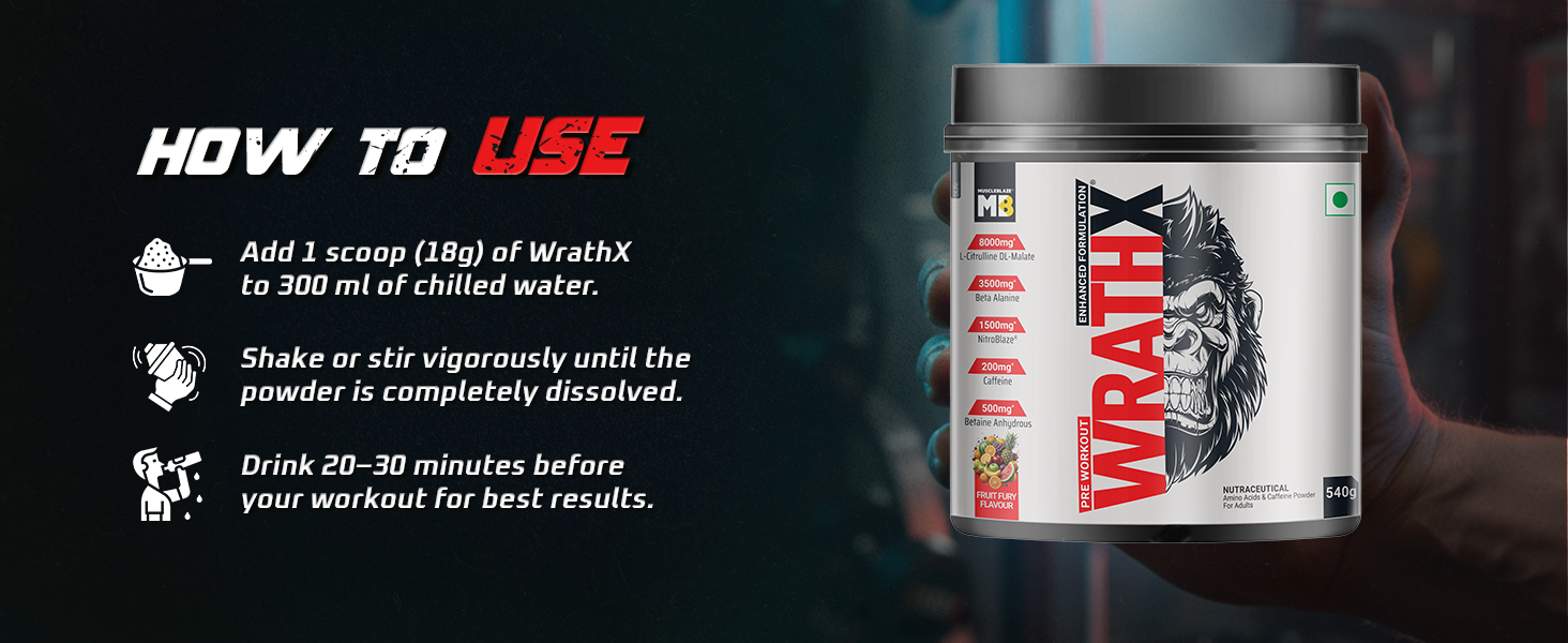 MuscleBlaze Pre Workout WrathX Powder, Fruit Fury, 540g | 30 Servings
