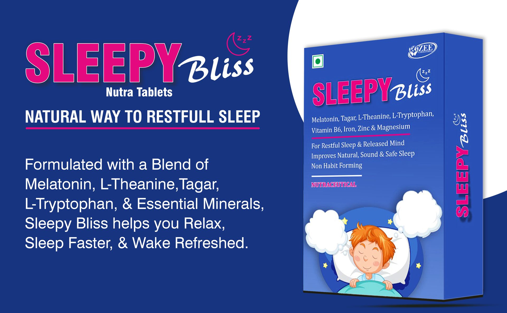 Sleepy Bliss Melatonin 10mg with Tagar Extract 100mg | Natural Sleep Aid Supplement for Men & Women | Deep & Restful Sleep | Non-Habit Forming | 30 Veg Tablets - Pack of 02