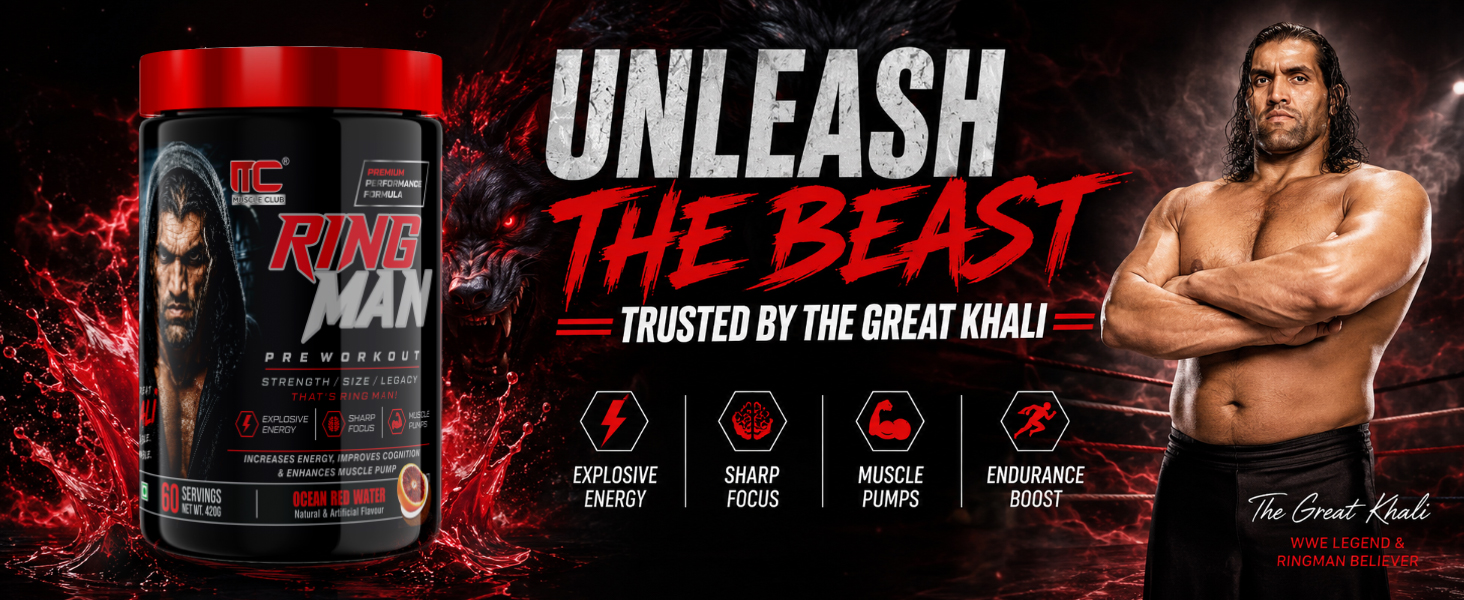 Muscle Club Ring Man Pre Workout Redbull Flavour | AMP Powered | By The Great Khali | High Stim Pre workout with 2000mg Beta-Alanine & 200mg Caffeine | Energy & Focus Booster