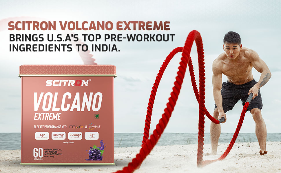 Scitron Volcano Extreme Pre-Workout 60 Servings- Grape | India's First Pre-Workout with Peak ATP & myHMB| 5g of Beta-Alanine, 400mg Peak ATP, 300mg caffeine, & 3g myHMB