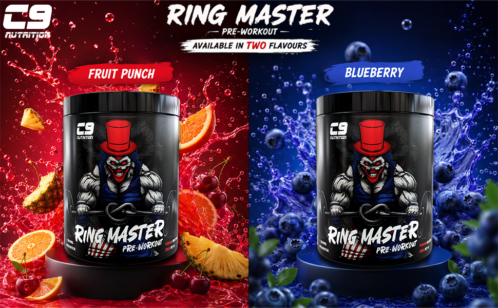 C9 Nutrition Ring Master Pre Workout Powder for Men & Women | 30 Servings | 255gm | Blueberry Flavor | 3000mg Beta Alanine, Citrulline Malate, Taurine & Creatine | High Energy, Pump, Strength & Focus