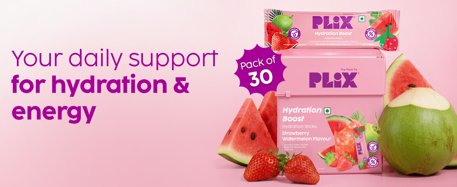 Plix Hydration Boost Electrolyte Powder | Hydration Drink Mix with Coconut Water, Sodium & Potassium | Strawberry Watermelon Flavour | Supports Energy, Hydration & Recovery | Pack of 30 | No Added Refined Sugar
