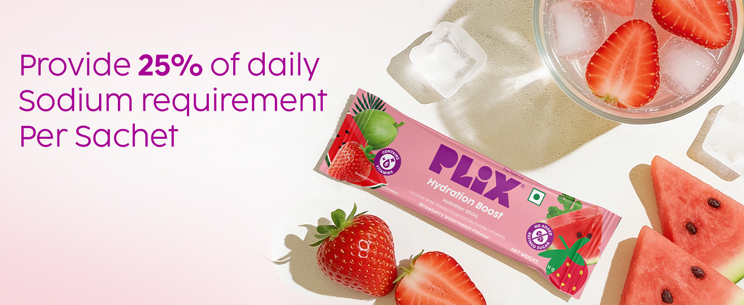 Plix Hydration Boost Electrolyte Powder | Hydration Drink Mix with Coconut Water, Sodium & Potassium | Strawberry Watermelon Flavour | Supports Energy, Hydration & Recovery | Pack of 30 | No Added Refined Sugar
