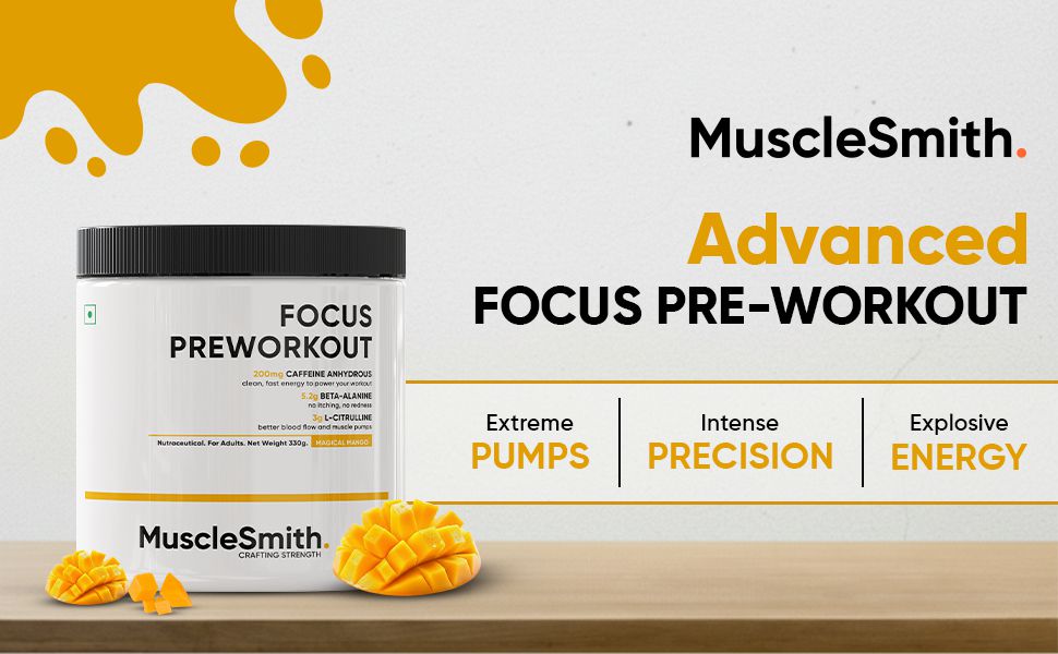 MuscleSmith Focus Pre Workout Powder| 200mg Caffeine, 5.2g Beta Alanine, 3g L-Citrulline, Choline & Taurine | Energy, Focus & Muscle Pump for Men & Women |Magical Mango | 30 Servings [11g Per Scoop]