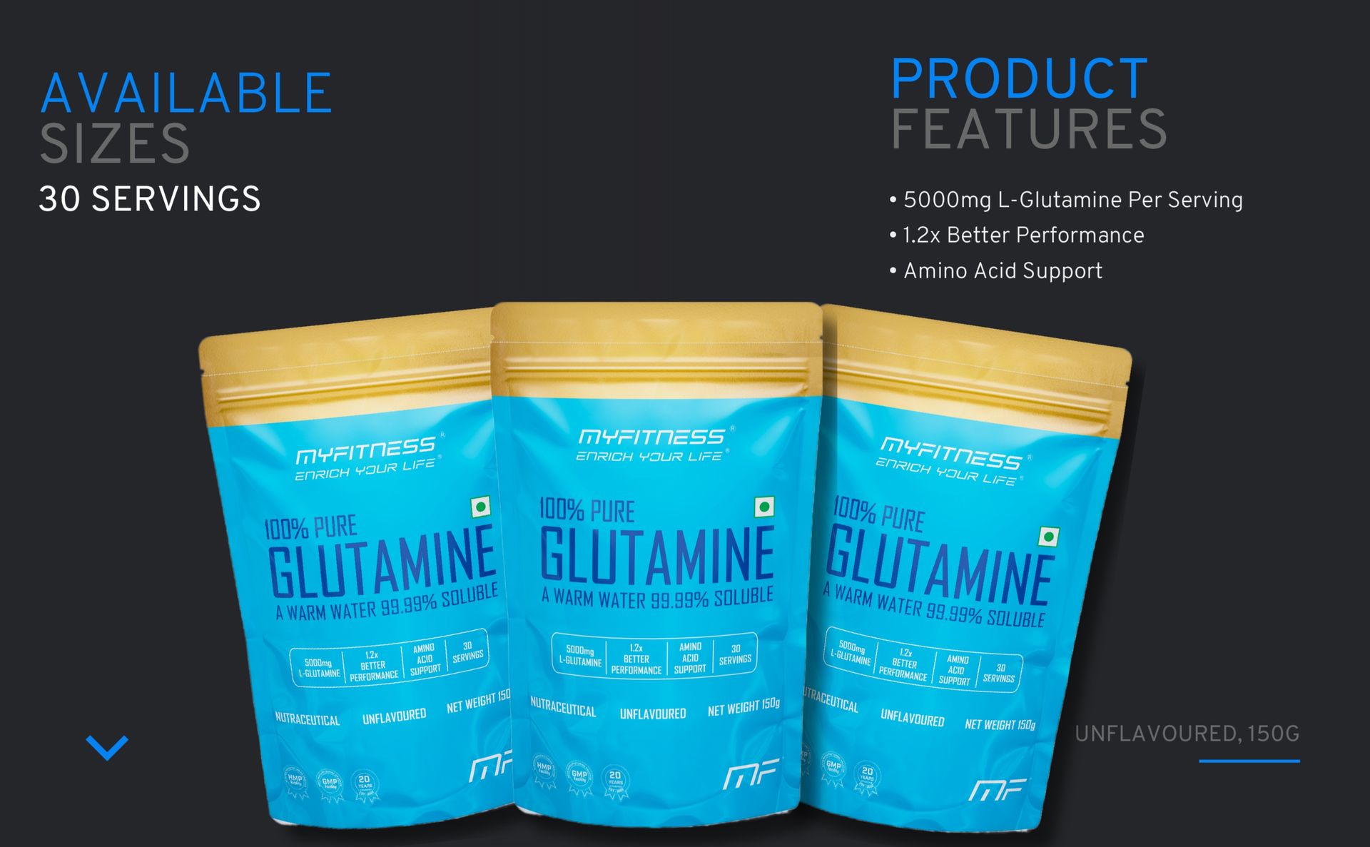 Myfitness 100% Pure Glutamine Powder | 150g | 5000mg L-Glutamine Powder | Unflavoured | Glutamine Supplement For Men & Women