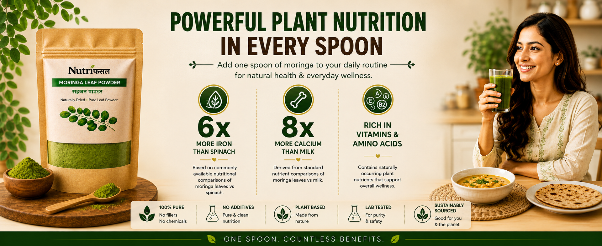 NutriFasal Organic Moringa Powder 100g | Pure Sahjan Powder | Supports Energy & Wellness | For Dal, Roti, Sambar, Curry & Soup | Rich in Vitamins & Minerals for Daily Nutrition