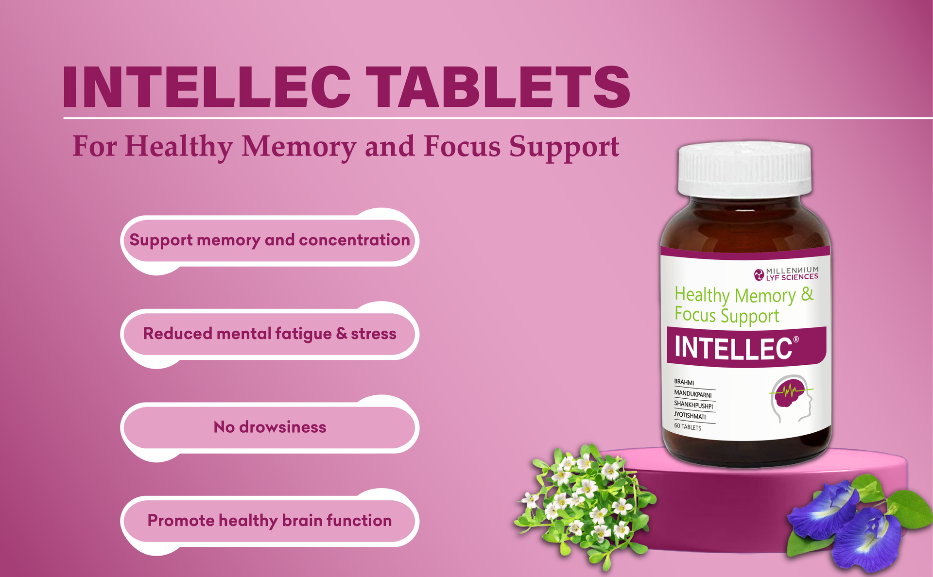 Intellec Tablets for Healthy Memory and Focus Support | With Brahmi, Mandukparni, Shankhpushpi, Jyotishmati | 60 Tablets