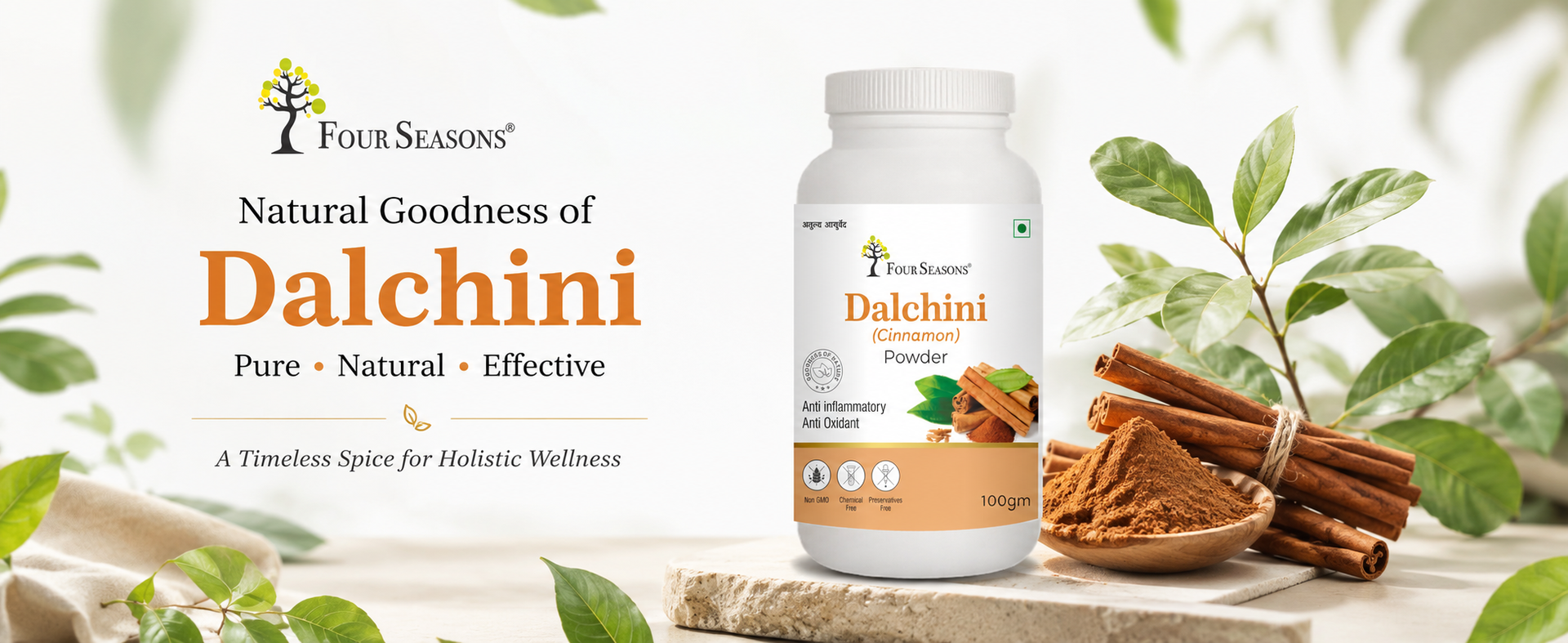 Four Seasons Pure Dalchini Powder (True Ceylon Cinnamon) – Natural Ayurvedic Herbal Powder for Blood Sugar & Digestion Support – Non-Cassia, Zero Preservatives – 100g Pack of 2