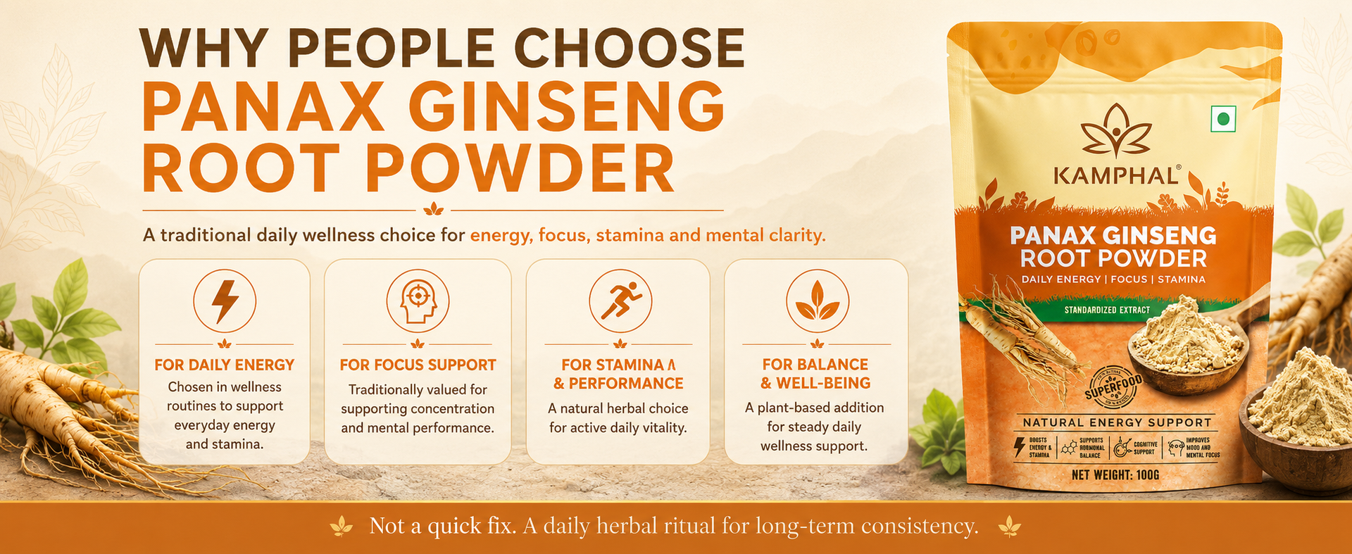Panax Ginseng Powder 100g | Standardised Extract Korean Red Ginseng Root Powder | Supports Energy, Stamina & Focus | Cognitive Support | Natural Herbal Supplement for Men & Women