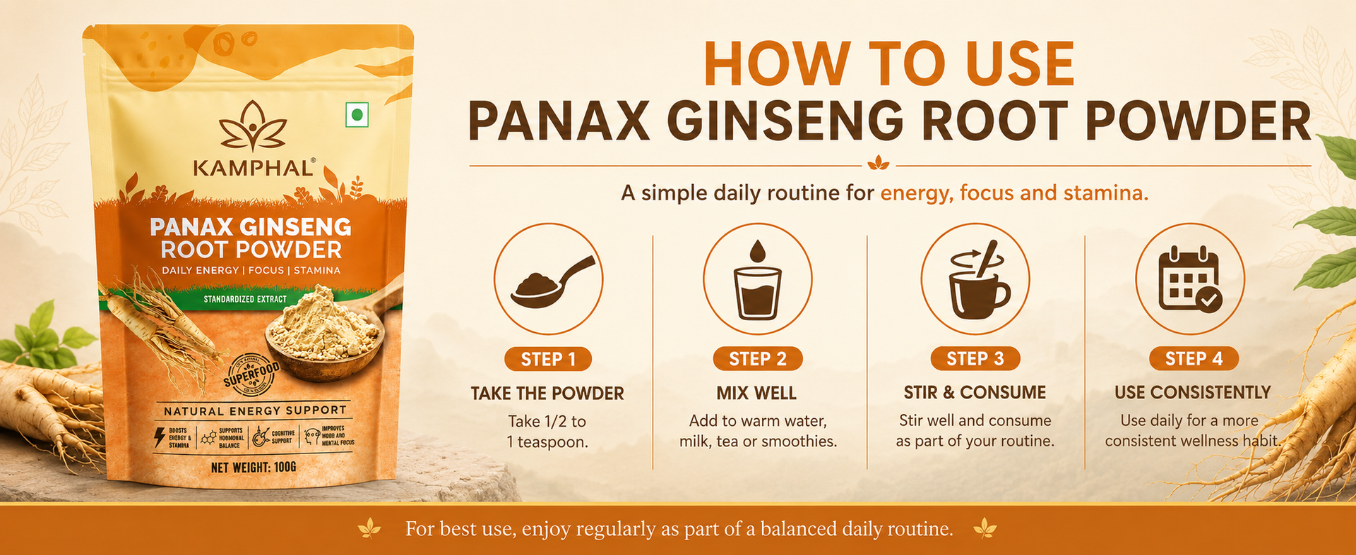 Panax Ginseng Powder 100g | Standardised Extract Korean Red Ginseng Root Powder | Supports Energy, Stamina & Focus | Cognitive Support | Natural Herbal Supplement for Men & Women