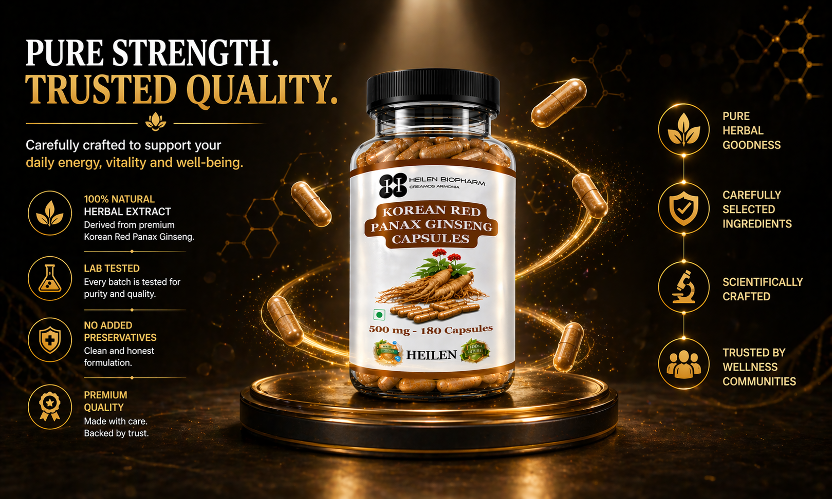Heilen Biopharm Premium Korean Red Panax Ginseng Root Extract Capsules – 500 mg × 180 Veg Caps | Energy & Nutrition Supplement