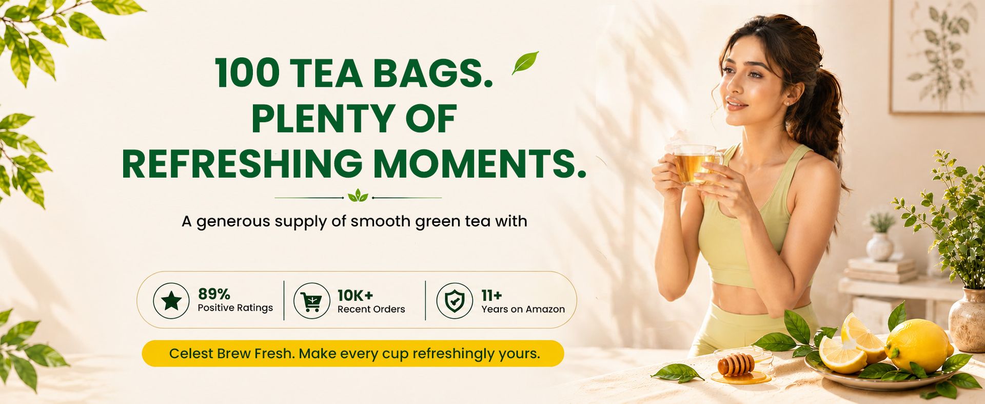 Celest Green Tea, Lemon & Honey, 100 Bags | Immunity Packed with Vitamin C | Green Teabags | Pack of 2
