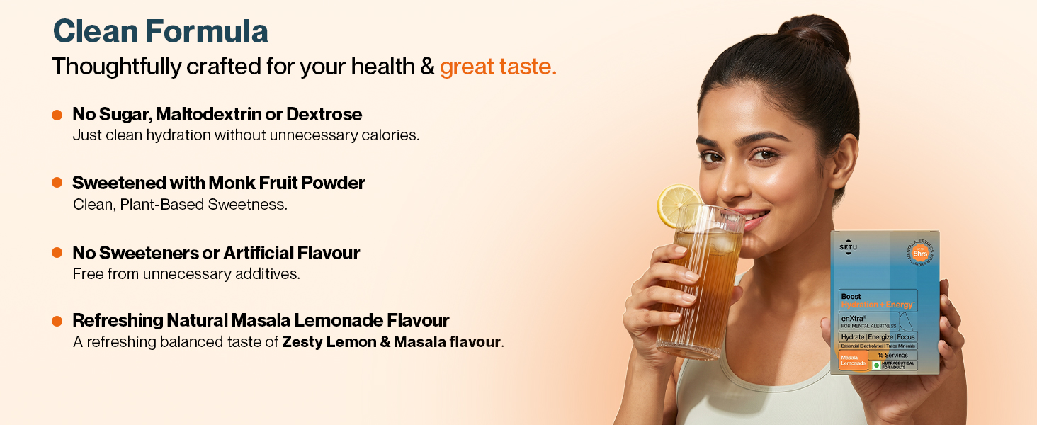Setu Boost Hydration + Energy Electrolyte Powder Sachets with No Caffeine | Enriched with enXtra® | Masala Lemonade Flavor | 15 Sachets