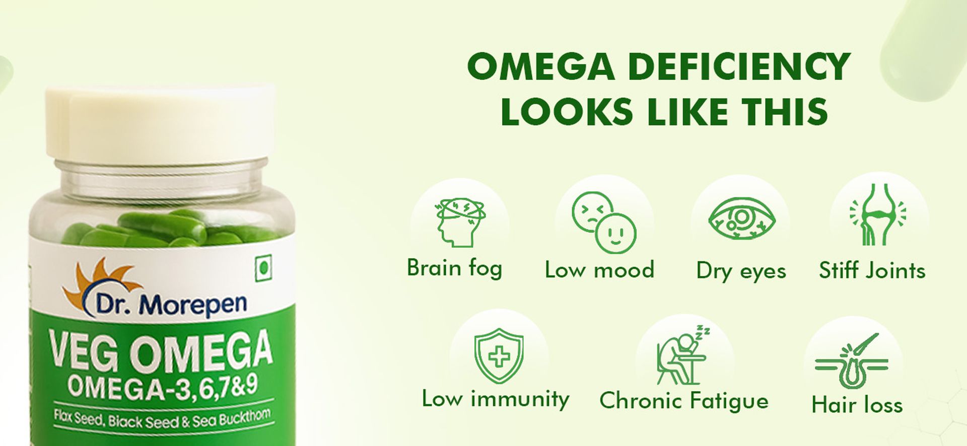 DR. MOREPEN Veg Omega 3 6 7 9 Capsules 500mg with Sea Buckthorn, Flax Seed & Black Seed, Plant-Based Omega Fatty Acids for Heart, Skin & Joint Health – 60 Veg Capsules