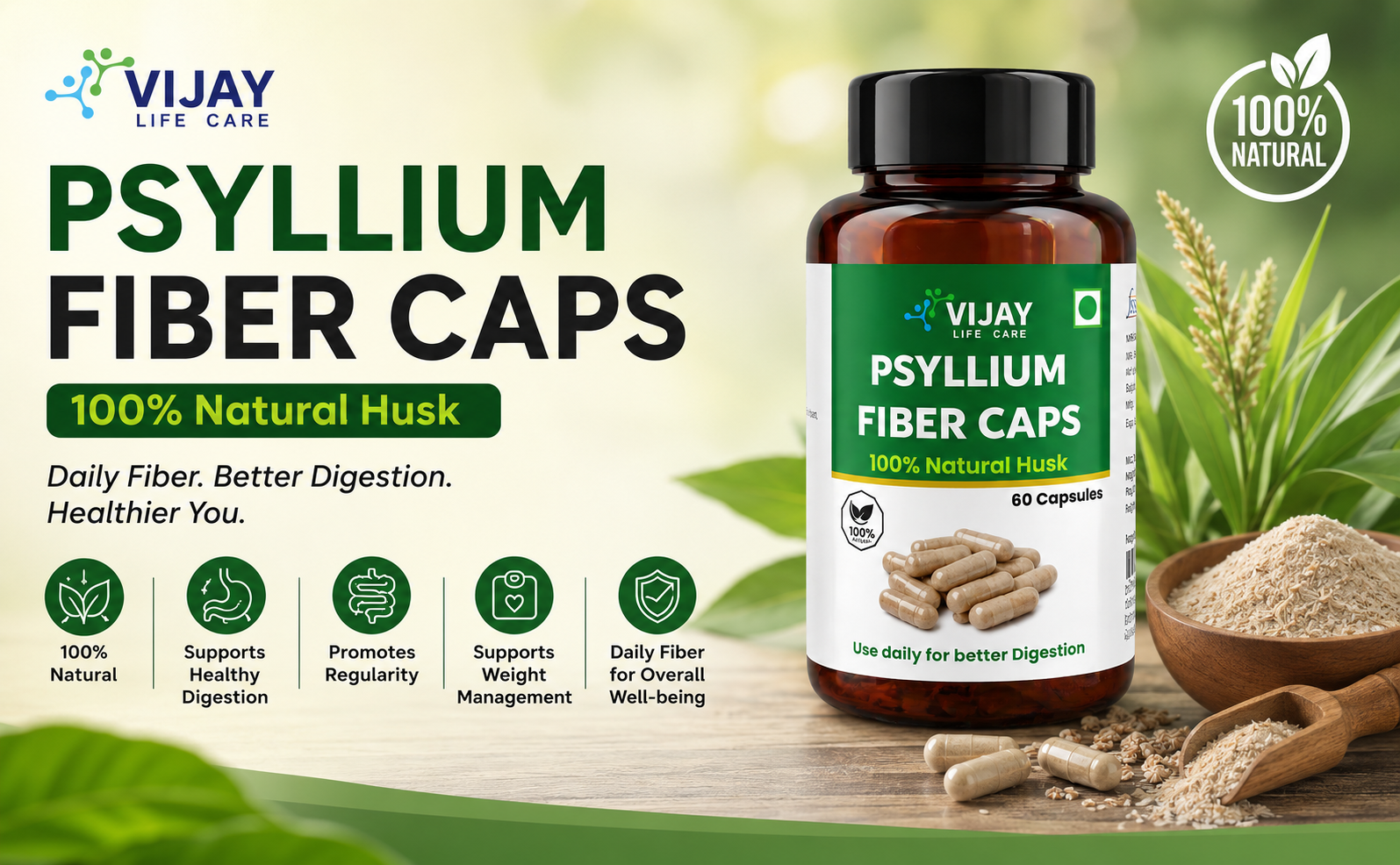 Psyllium Fiber 60 Capsules | 100% Natural Husk | Supports Digestive Health & Gut Wellness | Helps Relieve Constipation | Daily Fiber Supplement
