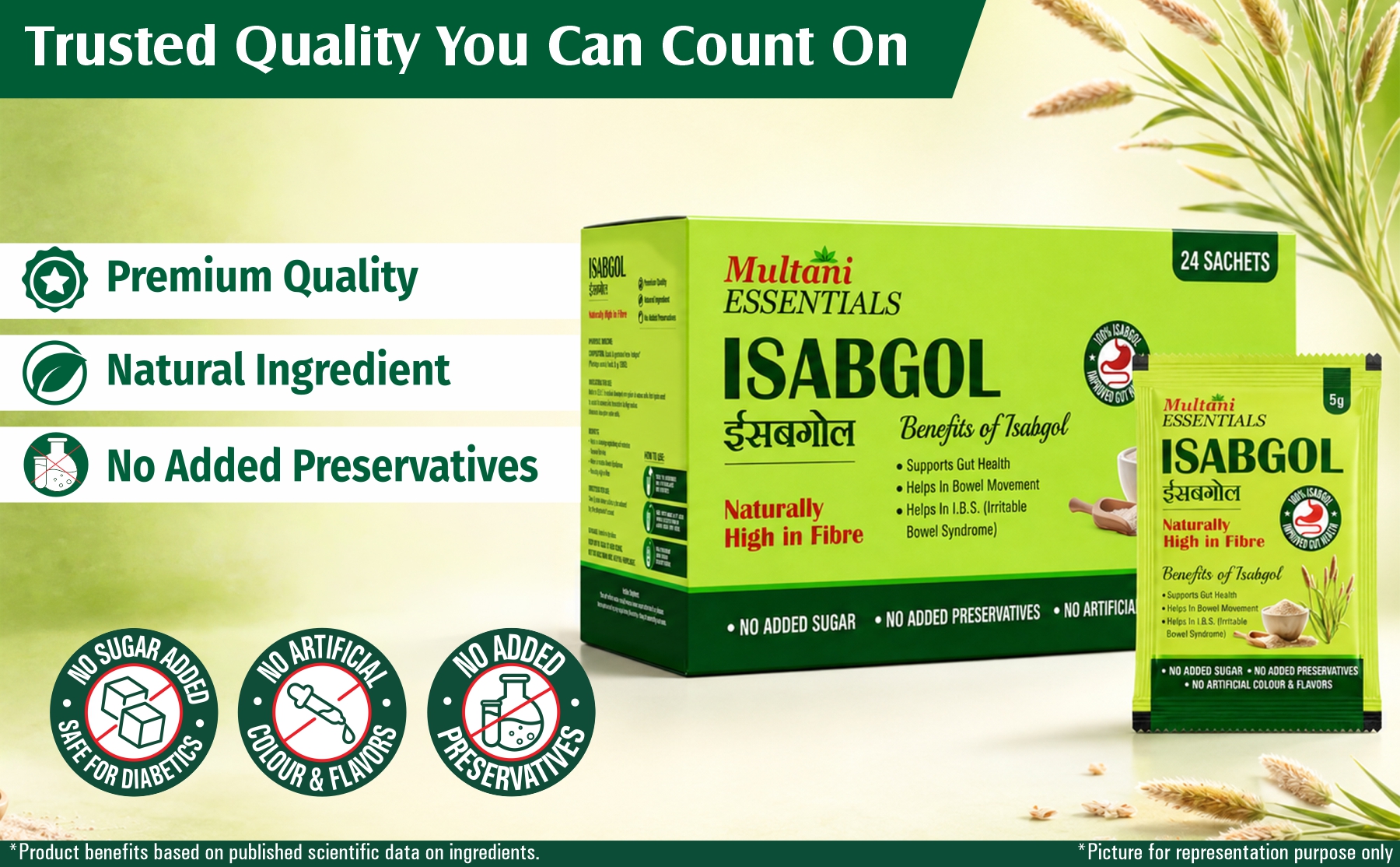 Multani Essentials Isabgol | Psyllium Husk Powder (24 Sachets - 5 gm Each) | For Gut Health And Irritable Bowel Syndrome | Effectively Relieves Constipation | Fibre Supplement For Digestion | Chemical Free | No Added Sugar Or Artificial Flavour