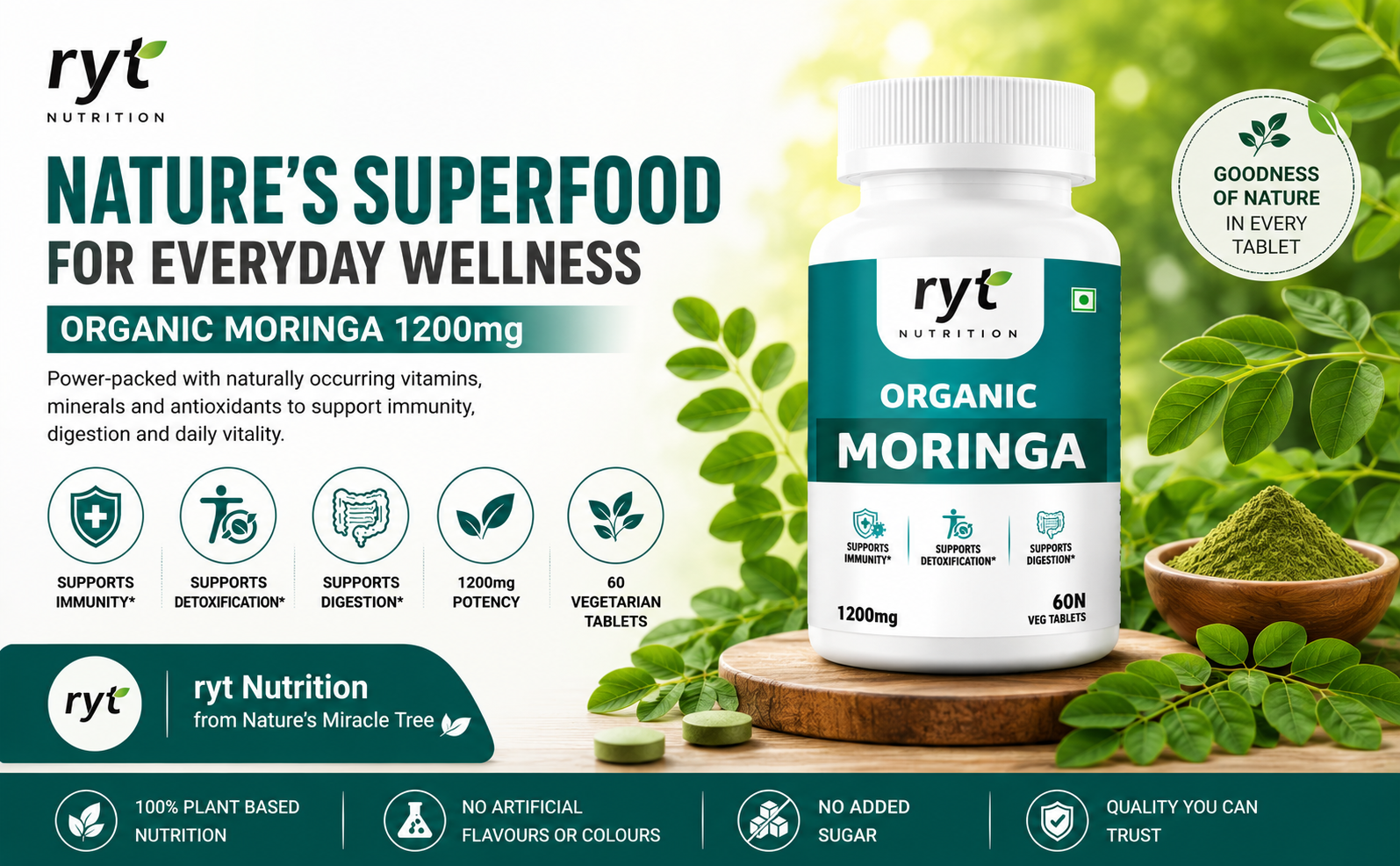 Organic Moringa (1200mg) - 60 Veg Tablets |Drumstick Leaf Extract | 100% Organic |Supports Healthy Digestion & Appetite, Boost immunity & Supports Detoxification