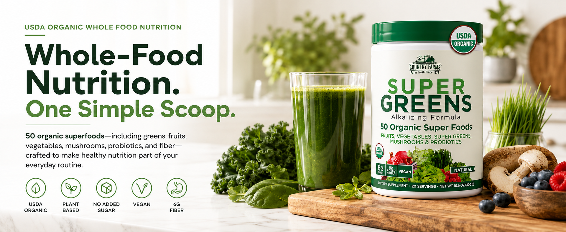 Country Farms Organic Super Greens Powder, 50 Organic Superfoods, Daily Greens Drink Mix with Fruits, Vegetables, Fiber, Probiotics & Mushrooms, Supports Energy, Gut Health & Digestion, Natural Flavor