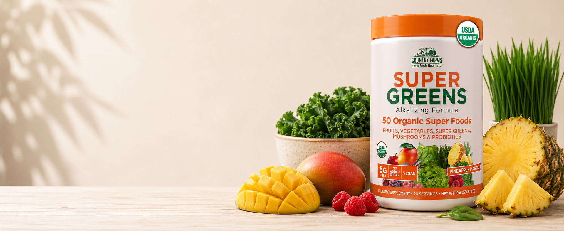 Country Farms Organic Super Greens Powder, 50 Organic Superfoods, Daily Greens Drink Mix with Fruits, Vegetables, Fiber, Probiotics & Mushrooms, Supports Energy, Gut Health & Digestion, Natural Flavor