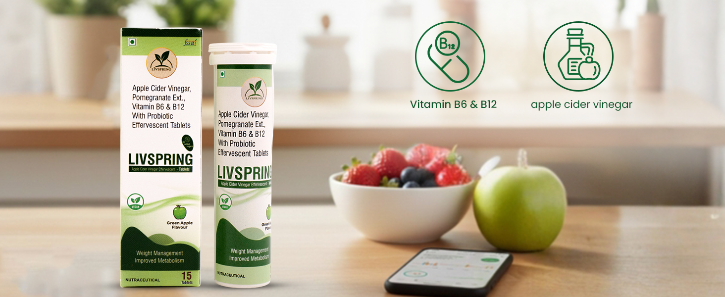 Apple Cider Vinegar Effervescent Tablets with Pomegranate Extract | Added Vitamin B6 & B12 and Probiotic| Helps curb cravings | Metabolism Benefits | Bloating Relief & Improved Gut Health | Improves metabolism Tablets in Tasty Green Apple Flavour (pack of 1)