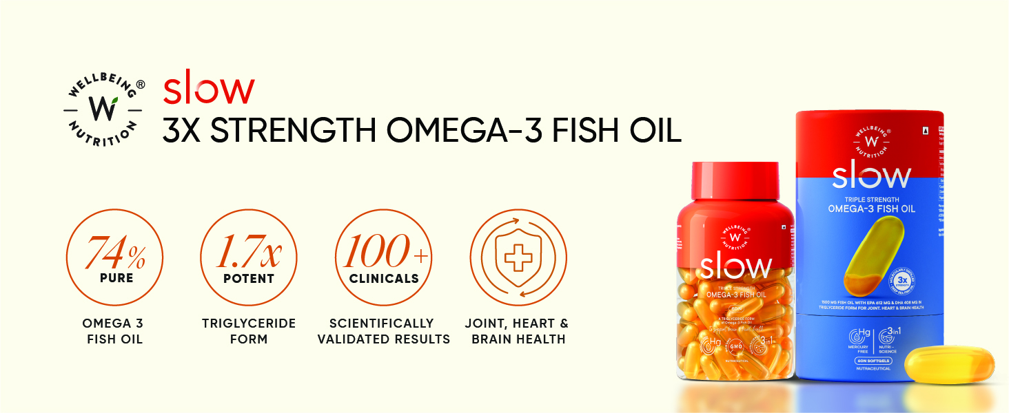 Wellbeing Nutrition Slow 3x Strength Omega 3 Fish Oil Capsules | 1500mg with EPA 612mg, DHA 408mg & Curcumin for Men & Women | No Fishy Burp | For Brain, Heart, & Joint Health, 60 Softgels