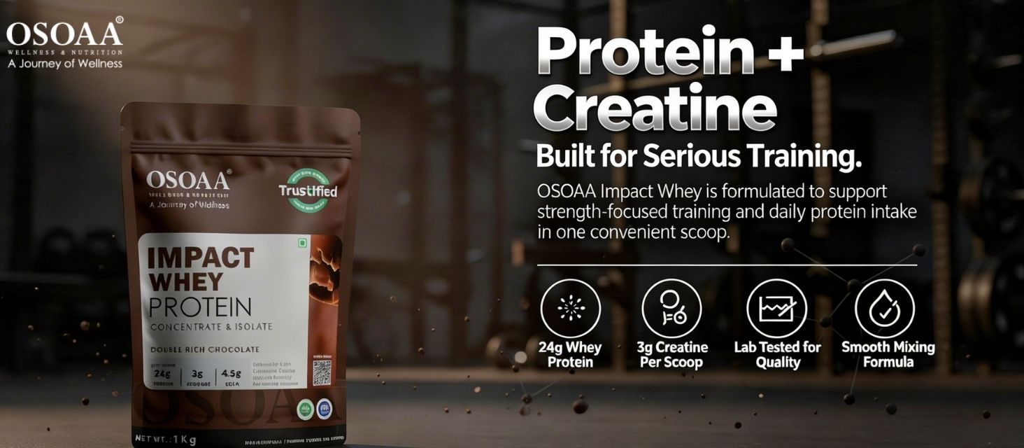 OSOAA Impact Whey Protein 1kg- Belgian Chocolate | Isolate & Concentrate | 24g Protein & 3g Creatine with 5X Digestive Enzymes | Trustified Certified & NABL Lab Tested