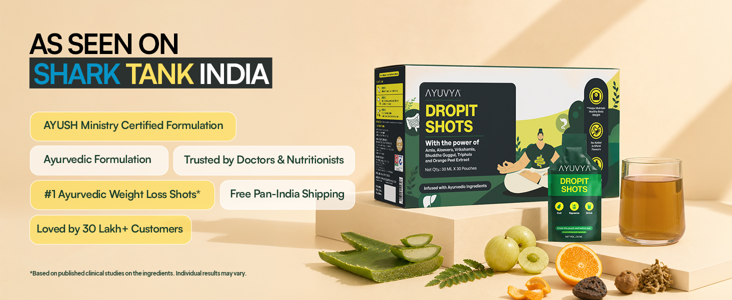 Ayuvya Dropit Shots | Ayurvedic Weight Loss Shots with Garcinia, Triphala, Amla & Shuddha Guggul | Manages Belly Fat, Bloating & Cravings | Boosts Metabolism | 5 in 1 Fat Loss Formula | For Men & Women | 30 Pre-Measured Shots