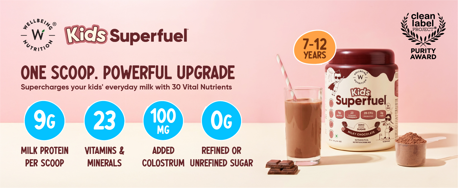 Wellbeing Nutrition Kids Superfuel 7+years |Zero Added Sugar |9g Milk Protein Isolate, 23 Vitamins & Minerals, 100mg DHA, 3g Fiber, Probiotics |Height Growth, Immunity & Brain| Chocolate, Nutrition Drink Powder, 400g