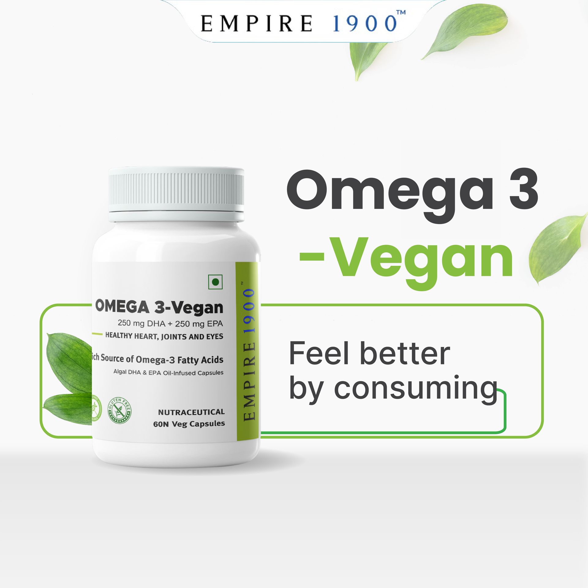 EMPIRE 1900 Omega 3 Vegetarian Capsule (EPA+DHA) | Sourced from Algae | Healthy for Men and Women | Benefits Eyes, Skin, Joints, Brain, and Heart | Suitable for Vegan Diet | Immune Health | (60 Capsules)