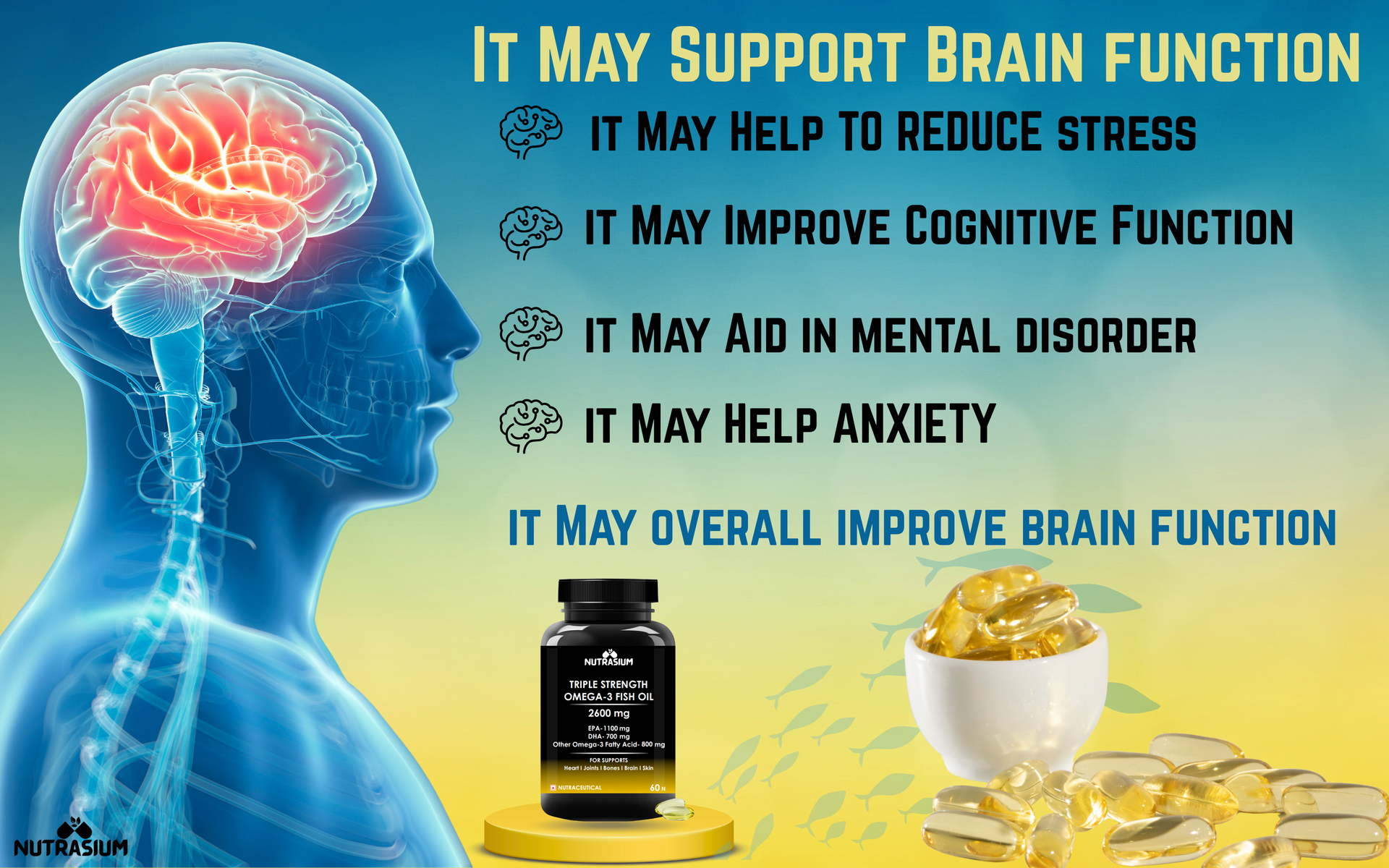 Nutrasium Omega-3 Fish Oil 2600mg | Triple Strength | Heart Brain Eye Joint Skin Bone | 30 Softgels