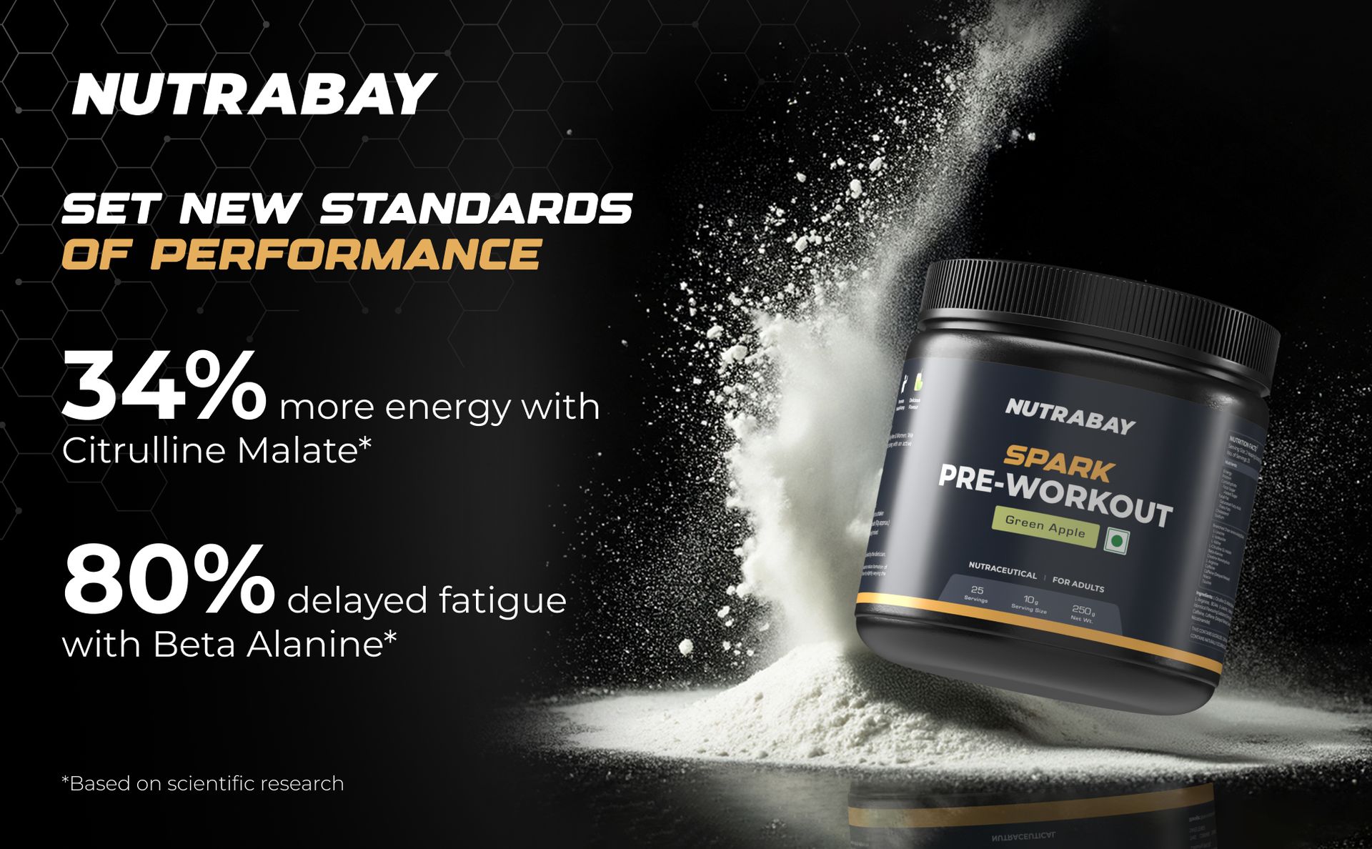 Nutrabay Gold Spark Pre Workout Supplement Powder 300mg Caffeine, 1000mg L-Arginine, 3000mg Beta Alanine, 2500mg Citrulline Malate per Serving – Muscle Pump & Performance – 250g, Green Apple