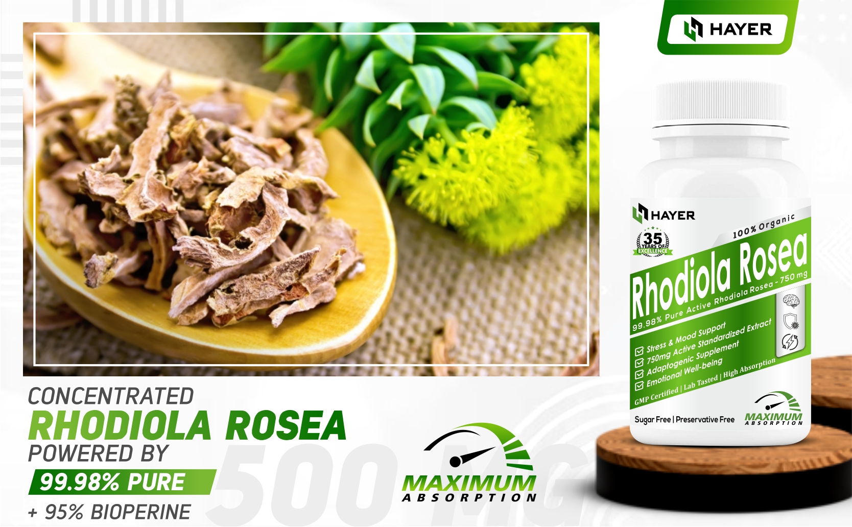 HAYER Rhodiola Rosea 750mg, High Potency Adaptogenic Herb Supplement For Brain, Mood & Stress Relief Support, Sugar Free, And No Fillers- 60 Vegetarian Tablets (Pack 1)
