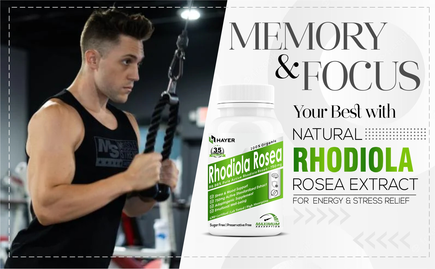 HAYER Rhodiola Rosea 750mg, High Potency Adaptogenic Herb Supplement For Brain, Mood & Stress Relief Support, Sugar Free, And No Fillers- 60 Vegetarian Tablets (Pack 1)