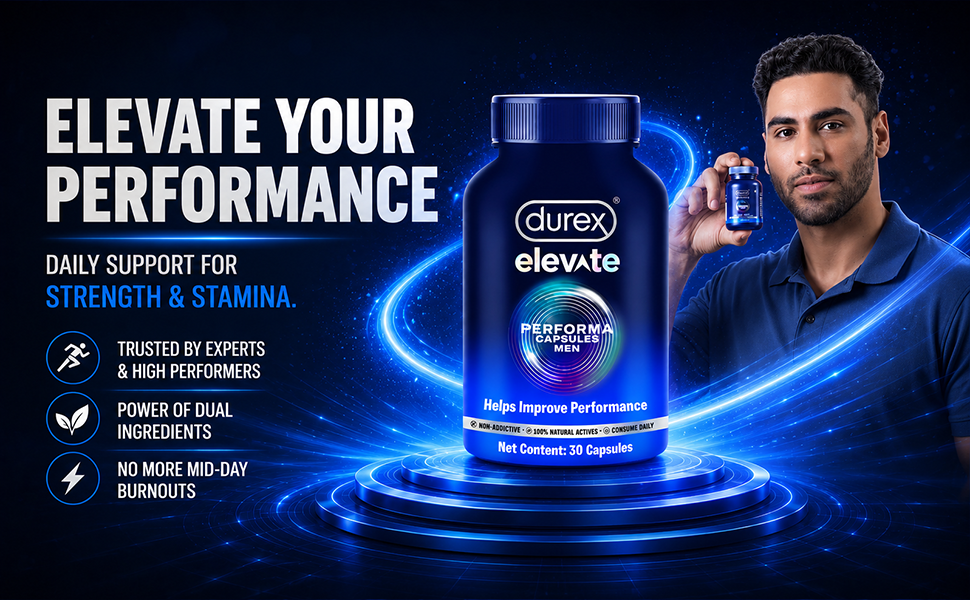 Durex Elevate Performa Capsules for Men | Ashwagandha KSM-66 Purified Shilajit & Supplement | Supports Strength & Stamina | 30 Capsules