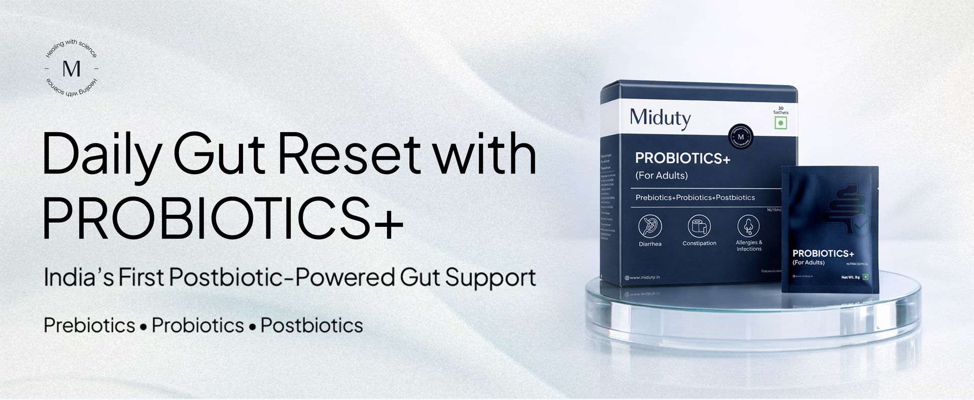 Miduty Probiotics+ with Postbiotic, Prebiotic & Probiotic | 14 Billion CFU, Sunfiber & Sodium Butyrate – Supports Gut Health, Bloating, Immunity, IBS, IBD & Indigestion for Adults – 30 Sachets