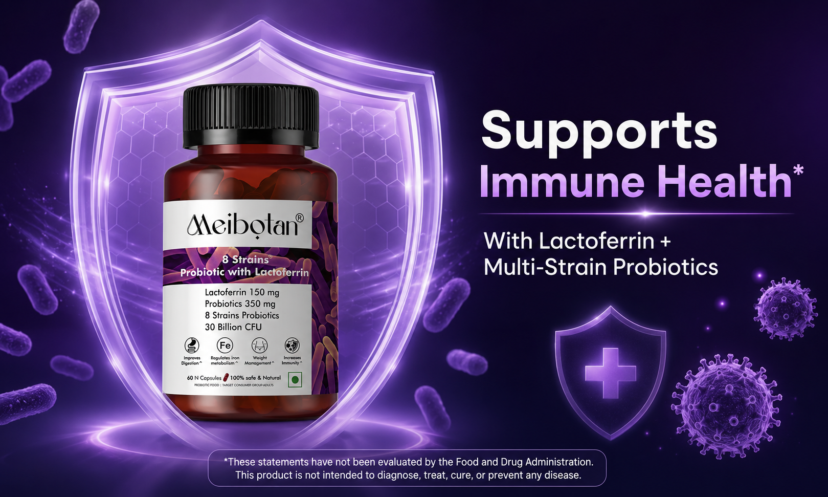 lactoferrin supplement with Probiotics 30 Billion CFU For Men & Women with 8 Strains - Stimulates the immune system, Regulates iron metabolism, Digestion, Immunity Support- 60 Veg Capsules