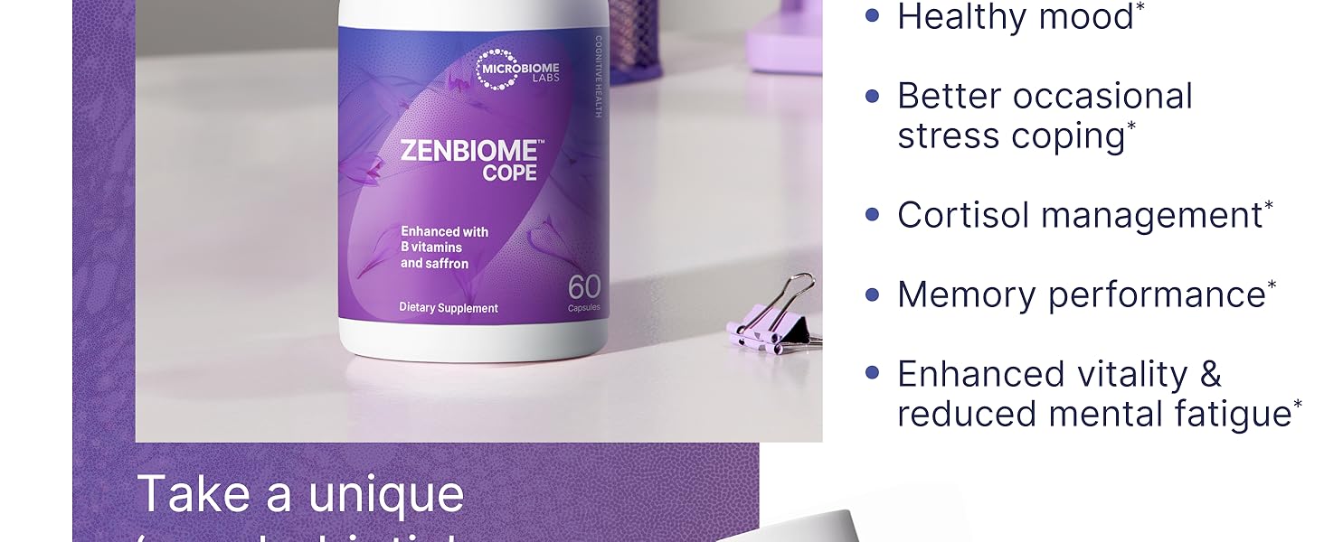 Microbiome Labs Zenbiome COPE - Probiotic Mood Support Supplement with Vitamin B6, B12 & Saffron Extract - Gut Health Probiotics for Women & Men - Support The Gut-Brain Axis (60 Capsules)