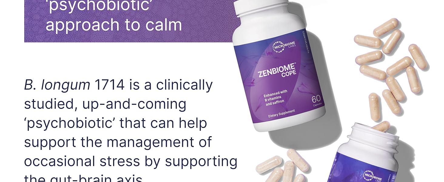 Microbiome Labs Zenbiome COPE - Probiotic Mood Support Supplement with Vitamin B6, B12 & Saffron Extract - Gut Health Probiotics for Women & Men - Support The Gut-Brain Axis (60 Capsules)