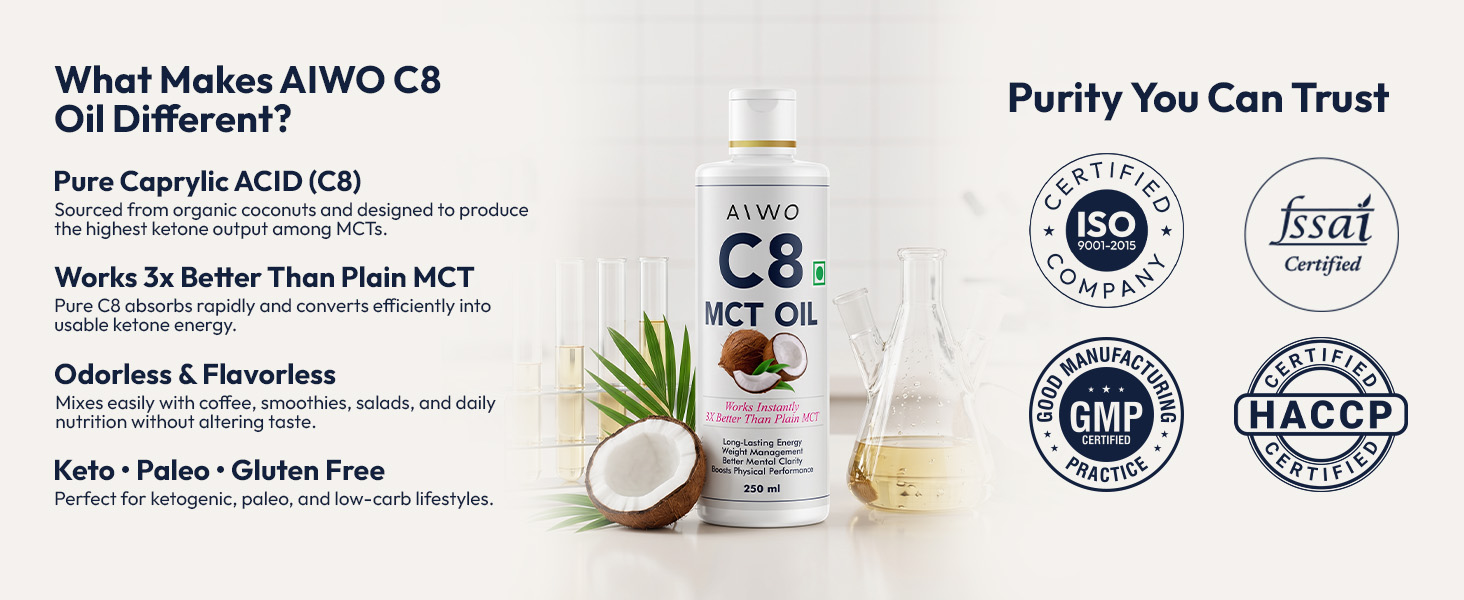 Aiwo C8 MCT Oil | 98% Caprylic Acid | From Coconut Source | Keto, Paleo, Brain & Heart Health - Fast & Sustainable Ketosis, Focus, Energy | Flavorless | 250ml
