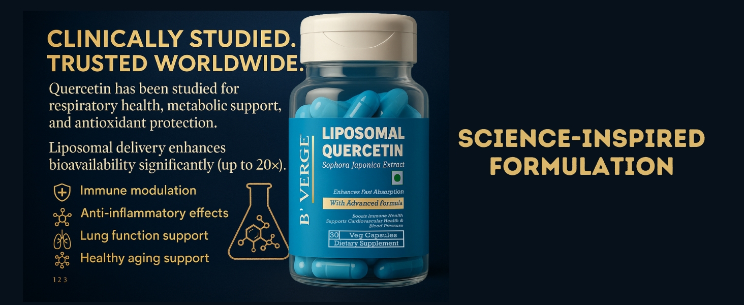 B'VERGE Liposomal Quercetin 100mg – Premium Antioxidant Support for Respiratory, Heart & Joint Health – Vegan, Non-GMO Capsules – 30 Capsules (Microbial & Heavy Metal Tested)