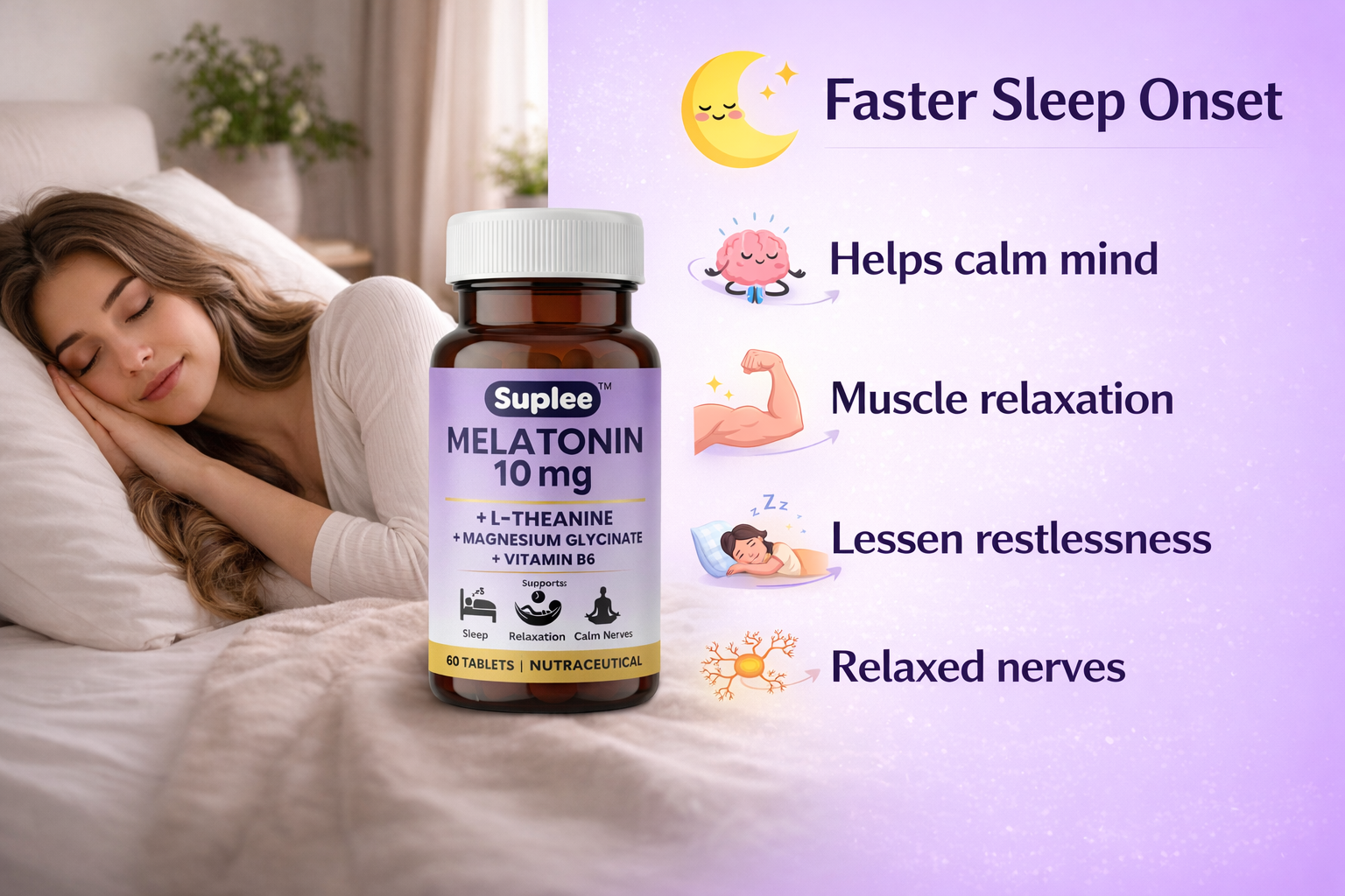 Suplee Melatonin 10mg (60 Tablets) with L-Theanine, Magnesium Glycinate & Vitamin B6 - Night Time Sleep Support Supplement - Helps with Deep Sleep & Mental Relaxation - Non-Habit Forming
