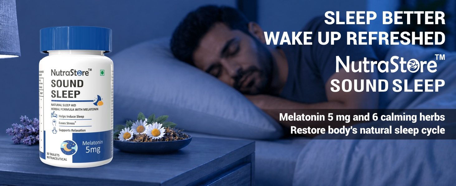 NutraStore Sound Sleep | Sleep Tablets | Sleeping Pills with Melatonin & 6 Powerful Herbs | Supports Relaxation, Eases Stress & Promotes Deep Sleep | Sleep aid for Men & Women | Deep Sleep | 30 Veg Tablets