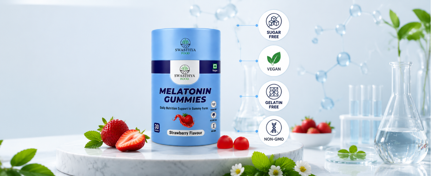 SWASTHYA AATA Melatonin Gummies Sugar Free Vegan & Gelatin Free Chewable Sleep Supplement For Adults Rich In Natural Bedtime Relaxation Nighttime Routine Support Strawberry Flavour