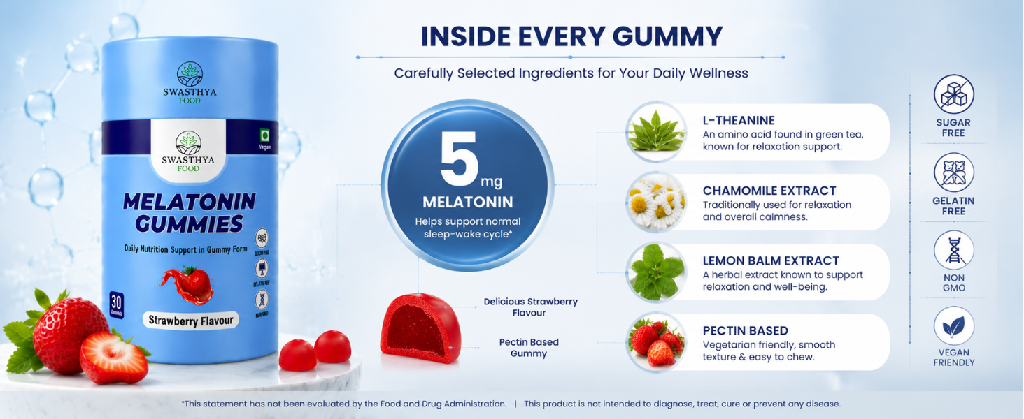 SWASTHYA AATA Melatonin Gummies Sugar Free Vegan & Gelatin Free Chewable Sleep Supplement For Adults Rich In Natural Bedtime Relaxation Nighttime Routine Support Strawberry Flavour