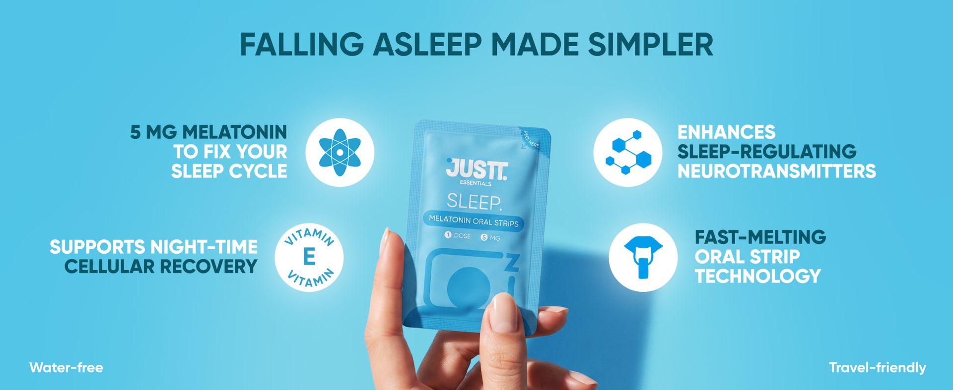 JUSTT ESSENTIALS Sleep Melatonin Oral Strips | Melts Into Restful Sleep | Dreamy Mint Flavour | 5mg | Bedtime Wellness | Vegan Sugar Free | 30 Strips