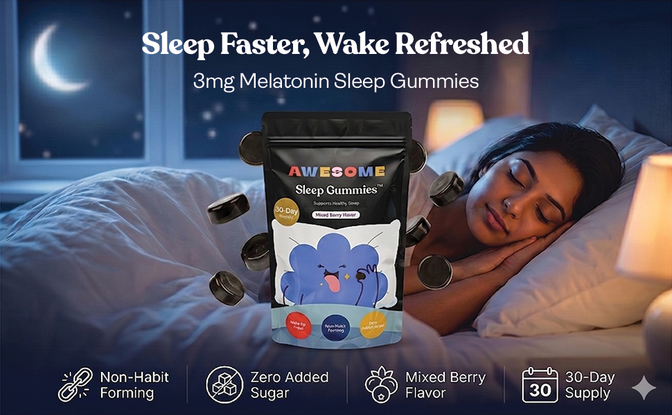 AWESOME Sleep Gummies, 3mg Melatonin & L-Theanine, Berry, 30 Nights
