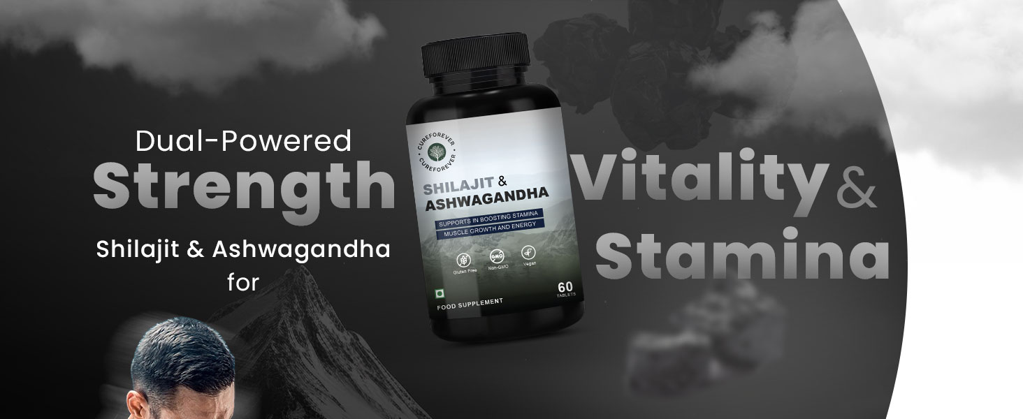 CUREFOREVER Shilajit & Ashwagandha 1000mg | Himalayan Shilajeet (500mg) + Ashwagandha (500mg) | Powerful Duo Formula for Energy, Strength & Stress Relief | Immunity booster for Men & Women | 60 Tablet (Pack of 2)